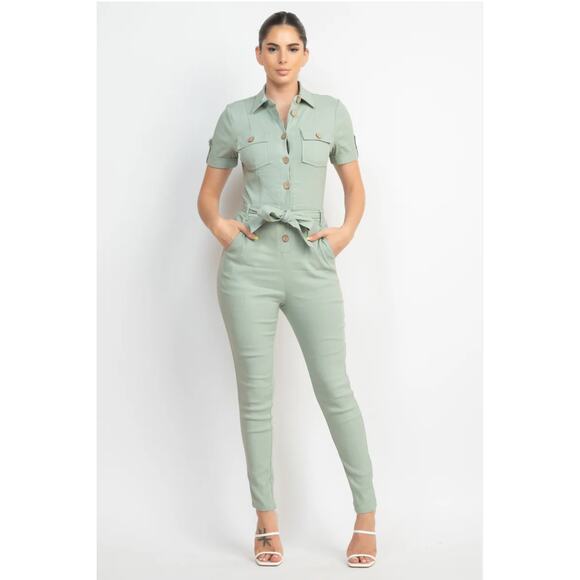 Haute Monde Women Button down Jumpsuit Sz. Lrg Mint Green NWT Collared waist Tie - Picture 1 of 7